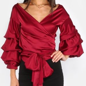 Red Tie Waist Wrap Top with Statement Sleeves